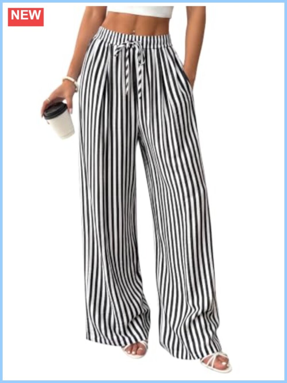 Wide Leg Palazzo Pants Striped Flowy Summer Beach Pockets Viscose